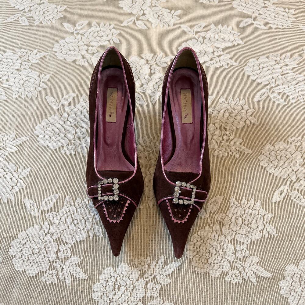 Vintage Y2K Nativa Brown Suede Rhinestone Kitten Heels Size 8